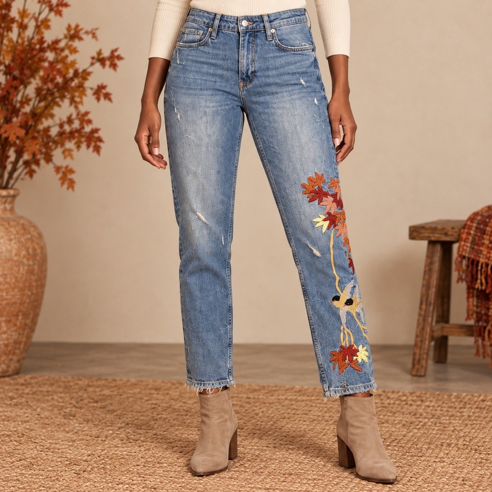 Zara Premium Denim Embroidered Bird Floral Jeans Women's 6 Distressed